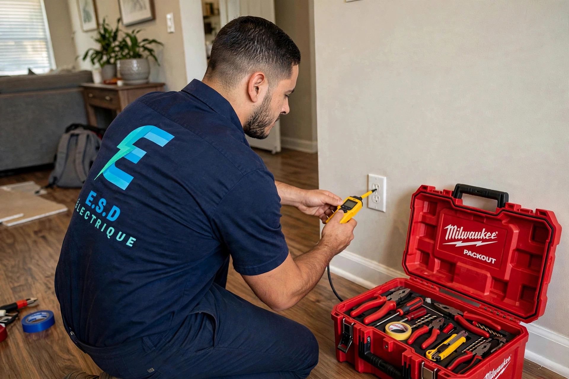 E.S.D Électrique electrician testing an outlet