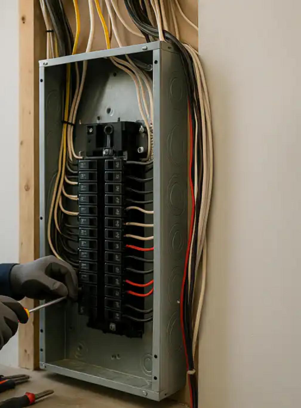 Electrician’s gloved hands working on a modern residential electrical panel