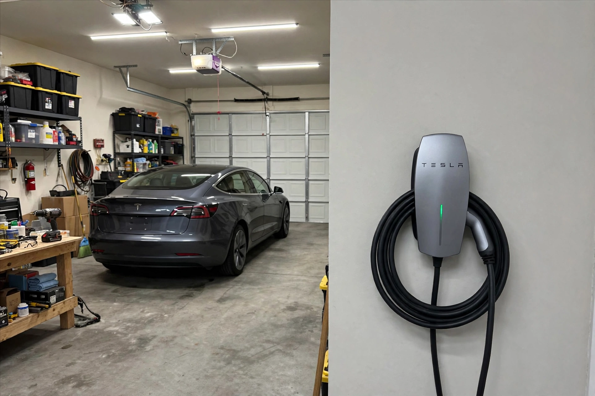 Realistic home EV charger installation in a residential garage