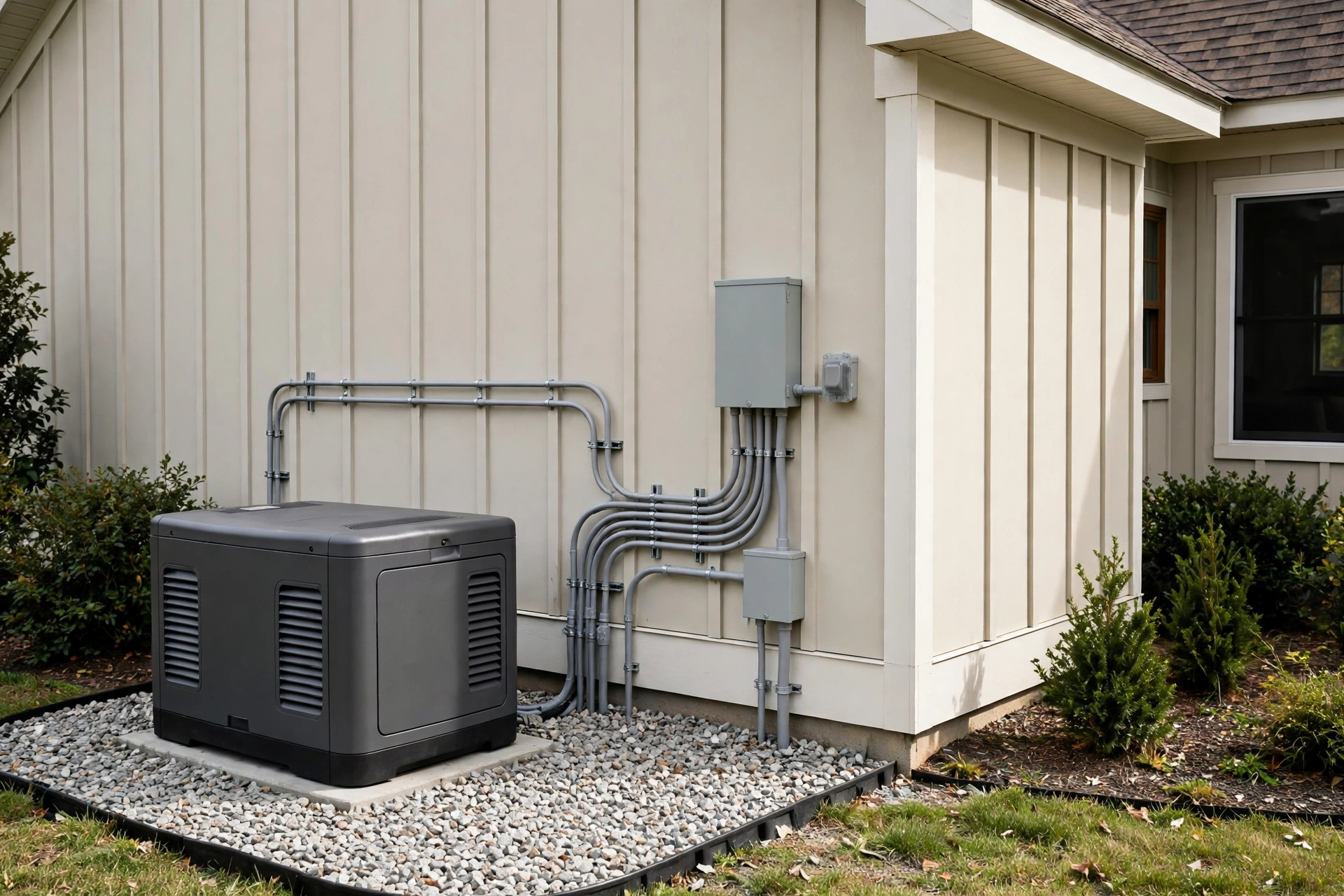 Standby generator and transfer equipment installed beside a home