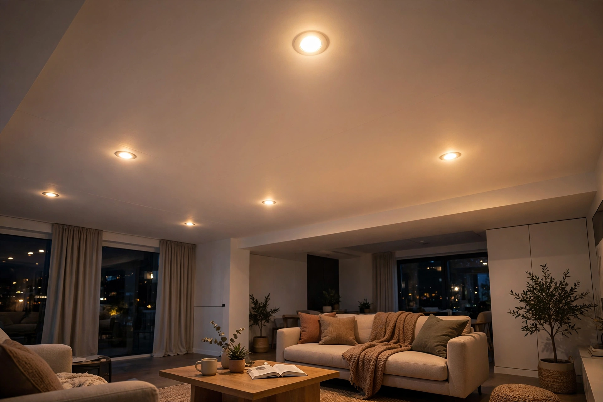 Warm recessed pot lights illuminating a finished living room