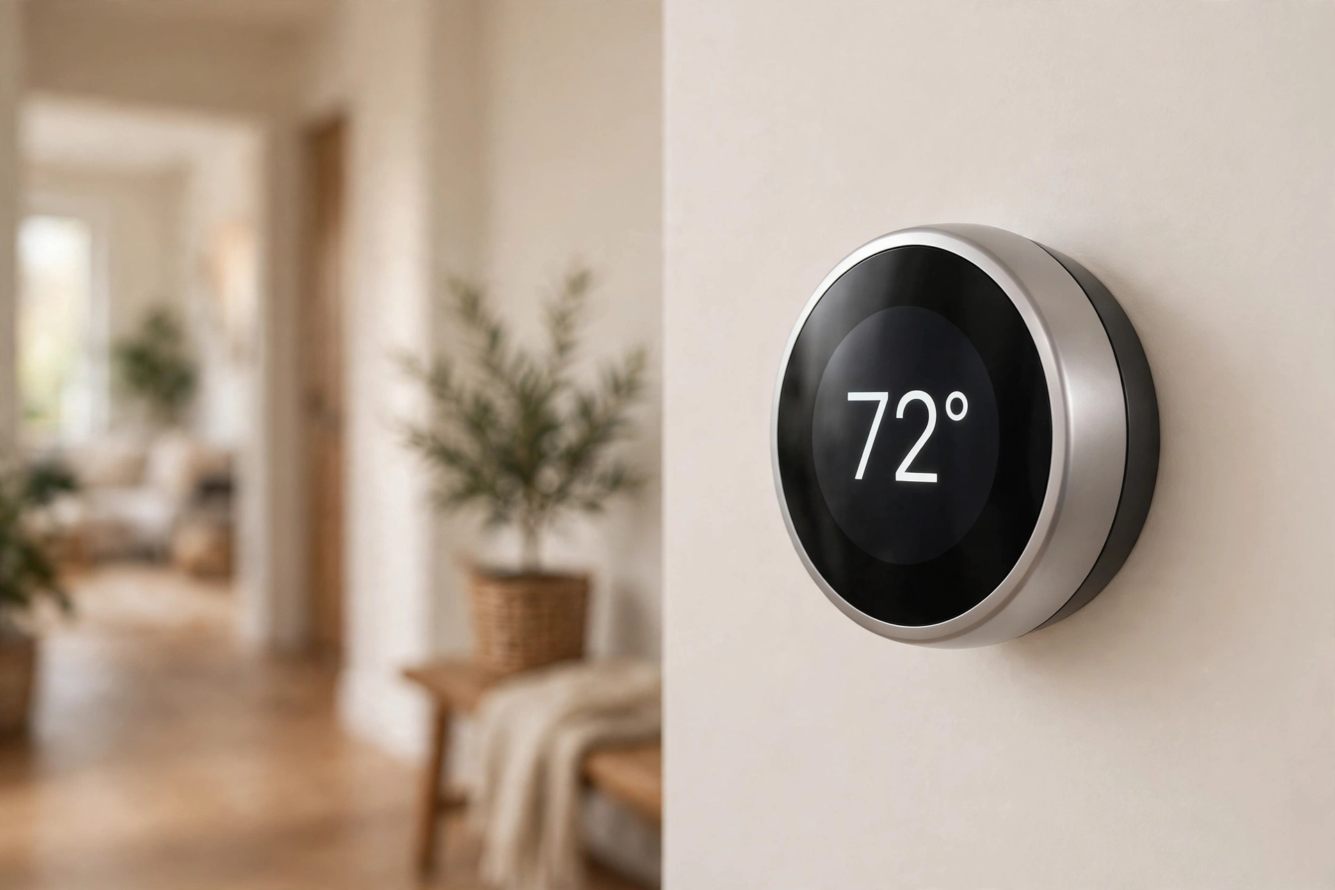 Modern wall thermostat installed in a finished home