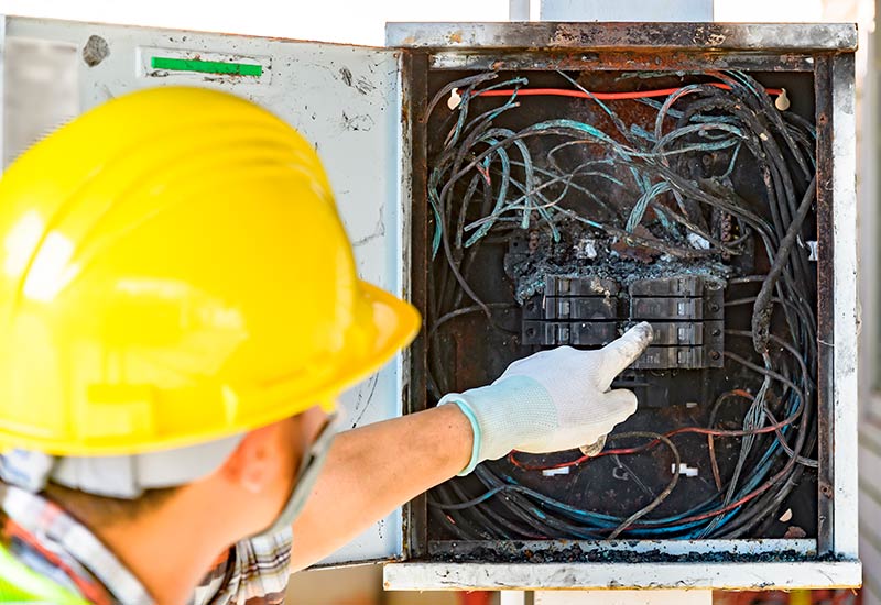 Electrician inspecting an older electrical panel